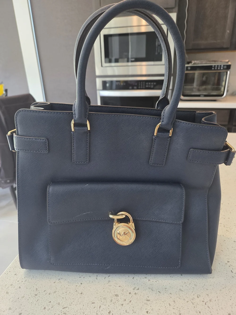Michael Kors Navy Saffiano Leather Tote with Gold Hardware